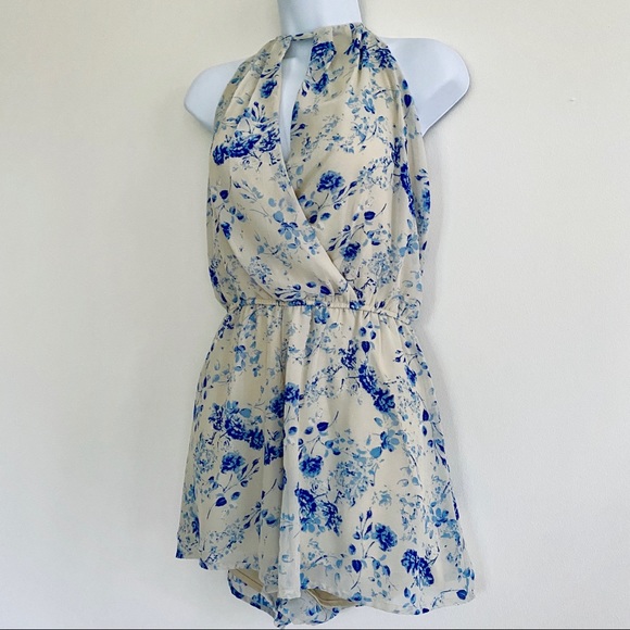 Japna Blue/Tan Floral Romper with Keyhole Neckline - Picture 3 of 8
